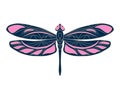 Openwork dragonfly icon. Colorful vector illustration. Isolated blue-pink element with a beige outline on a white