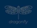 Openwork dragonfly icon. Stock vector illustration. Isolated beige outline elements on a dark blue background. Creative