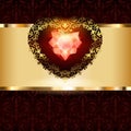 Openwork gold hearts decor with an ornament on an art deco floral background Royalty Free Stock Photo