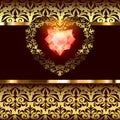 Openwork gold hearts decor with an ornament on an art deco floral background Royalty Free Stock Photo