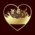 Openwork golden heart with tender flowers. Laser cutting template.