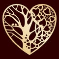 Openwork golden heart with a tree inside. Laser cutting or foiling template.