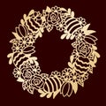 Openwork golden wreath with flowers and painted Easter eggs. Las Royalty Free Stock Photo