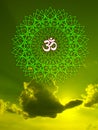 Openwork Green Mandala with the Aum / Om / Ohm sign on the sky