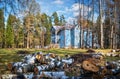 House of the Snow Maiden and birch firewood in the forest of the estate of A.N. Ostrovsky Shchelykovo, Kineshma