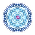 Openwork mandala in purple and red colors. Aum / Ohm / Om sign in the center. Spiritual and sacral symbol.