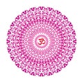 Openwork mandala in purple and red colors. Aum / Ohm / Om sign in the center. Spiritual and sacral symbol.