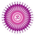 Openwork mandala in purple and red colors. Aum / Om / Ohm sign in the center. Spiritual and sacred symbol, background.