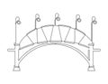 Openwork metal bridge in the medieval style over the river. Lanterns on the bridge.. Continuous line drawing. Vector illustration Royalty Free Stock Photo