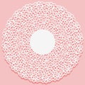 Openwork napkin. Lace frame round doily element on pink background. White monochrome ornament from curls Royalty Free Stock Photo