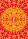 Openwork spiritual mandala in red and yellow colors. Aum / Ohm / Om sign in the center. Spiritual symbol.