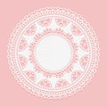Openwork white doily. Lace frame circle white element on pink background.
