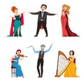 opera artists. adult musicians and classical singers male and female on music stage. Vector cartoon performing people