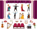 opera artists. classical opera musical instruments singers male and female violinist cellist. Vector cartoon characters