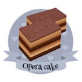 Opera cake traditional French dessert. Colorful vector illustration