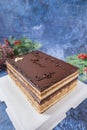 Opera cake on white board and blue background Royalty Free Stock Photo
