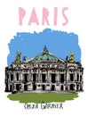 Image of the Opera Garnier in Paris. Color illustration of the building is designed as a postcard, suitable for posters, t-shirts, Royalty Free Stock Photo