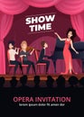 Opera invitation. Night show performance placard with music band orchestra and singers swanky vector cartoon template