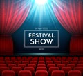 Opera show stage interior with red curtain, spotlight and theater chairs. Theater poster of festival night shows. Vector backdrop Royalty Free Stock Photo