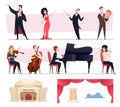 Opera singers. Cartoon characters of music band for theatrical events exact vector opera templates set