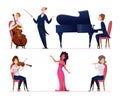 Opera. Theater classical instrumental band and singers rehearsal event artists in costumes exact vector opera colored