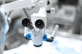 Operating microscope close-up. Sterile operating room in a veterinary clinic.. The ophthalmologist operates on the eye of the dog Royalty Free Stock Photo