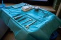 In operating room there is an instrument table with surgical instruments