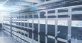 Operating servers lining server room corridor, cable trays, floor, chair, LEDs, digital overlays Royalty Free Stock Photo
