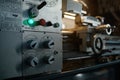 Operation panel of professional lathe turning machine closeup veiw