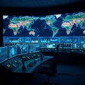 Dark operations center features massive curved digital world map display with multiple monitoring screens and control panels Royalty Free Stock Photo