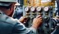 Operator adjusts machinery controls in heavy