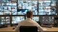 Operator analyzes various surveillance feeds from multiple screens in a control room environment Royalty Free Stock Photo