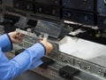 Operator bending metal sheet by sheet bending machine Royalty Free Stock Photo