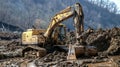An operator at the controls of a massive backhoe as it smoothly maneuvers through the site effortlessly scooping up dirt