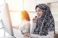 Operator. happy young female call center customer support executive team with headset working in office, education online, custome Royalty Free Stock Photo