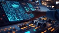 An operator harnessing a digital enhancement on a large control panel with virtual indicators showing optimal settings Royalty Free Stock Photo