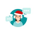 Operator with headphones, microphone, santa hat and speech bubbles