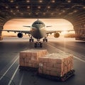 Operator loading cargo box to airplane storage by forklift inside hangar, airport. Royalty Free Stock Photo