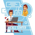 Operator man talking with happy smiling client on phone. Supporter in headset consulting customer. Cartoon vector Royalty Free Stock Photo