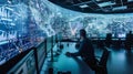 An operator monitors extensive network activity on large screens displaying a high-tech city map visualization, AI Generated