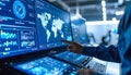 An operator points at a screen with a world map and data in a high-tech command center, managing global operations Royalty Free Stock Photo