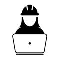 Operator worker icon vector female Construction service person profile avatar with laptop and hardhat helmet in glyph