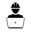 Operator worker icon vector male Construction service person profile avatar with laptop and hardhat helmet in glyph pictogram