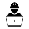 Operator worker icon vector male Construction service person profile avatar with laptop and hardhat helmet in glyph