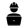 Operator worker icon vector male Construction service person profile avatar with laptop and hardhat helmet in glyph pictogram