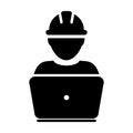 Operator worker icon vector male Construction service person profile avatar with laptop and hardhat helmet in glyph pictogram