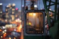 Operators cabin illuminated at night with city lights in the background offering a glimpse into construction work Royalty Free Stock Photo