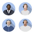 Operators men and women online, wearing headphones with a microphone, headset
