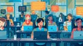 Operators work together in support center office. Modern flat illustration of call center workers wearing headsets Royalty Free Stock Photo