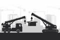 Operators working with heavy machinery on the background of the city under construction with silhouettes of crane and telescopic Royalty Free Stock Photo